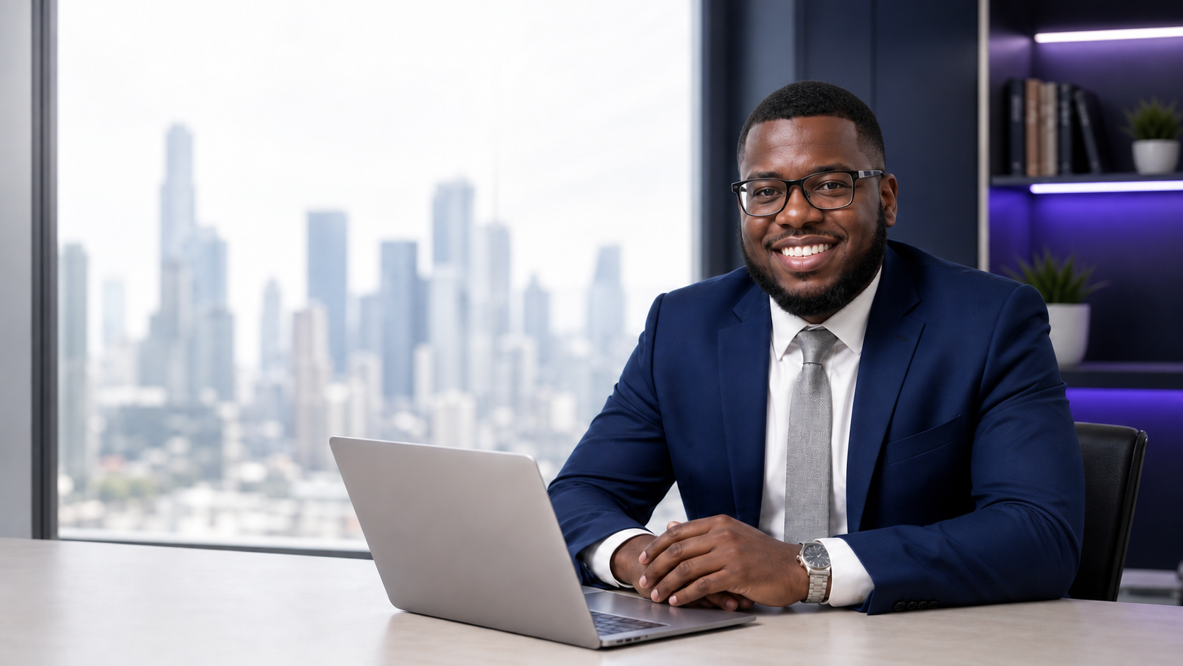 A smiling financial professional seated at a laptop in a bright city office with purple-lit shelving